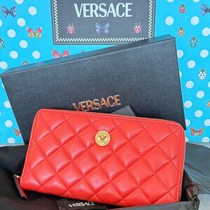 VERSACE DBDI175S QUILTED ORANGE LEATHER ZIP AROUND LONG WALLET